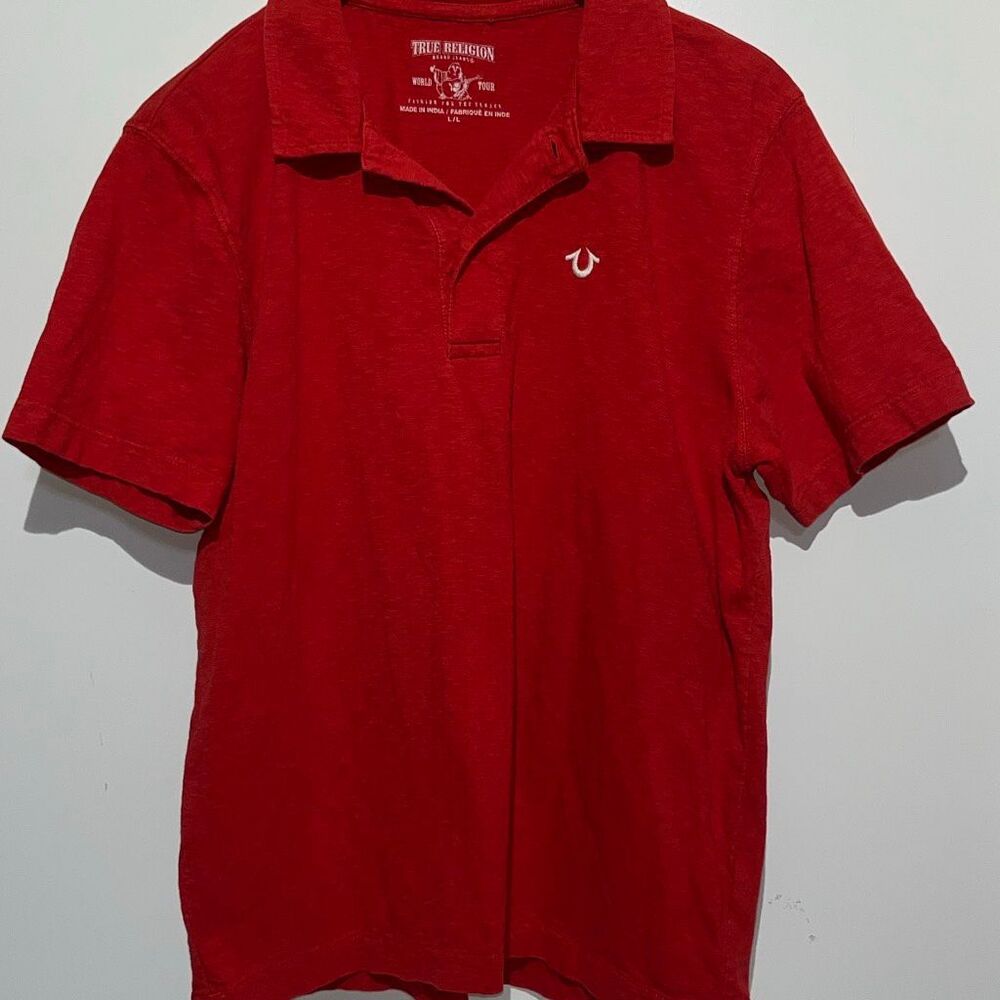True Religion Men's Red Collared Two Button Short Sleeve Polo Shirt Large